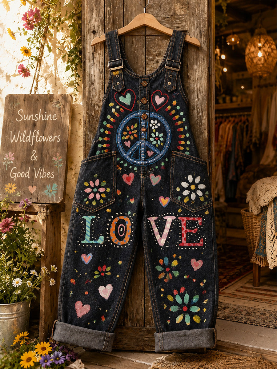 Women's Retro Style Art Print Washed Cotton Denim Patchwork Jumpsuit